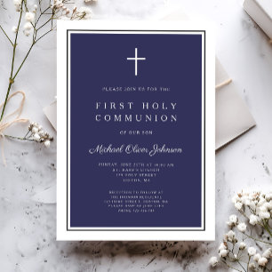 Modern Navy Blue Cross Boy First Communion Invitation