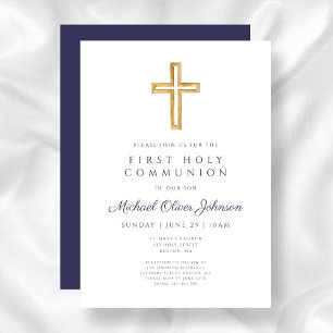 Modern Navy Blue Cross Boy First Communion Invitation