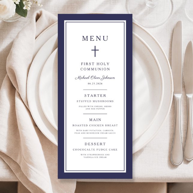 Modern Navy Blue Cross Boy First Communion Menu (Modern Navy Blue Cross Boy First Communion Menu)