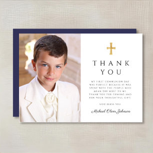 Modern Navy Blue Cross Boy First Communion Photo Thank You Card