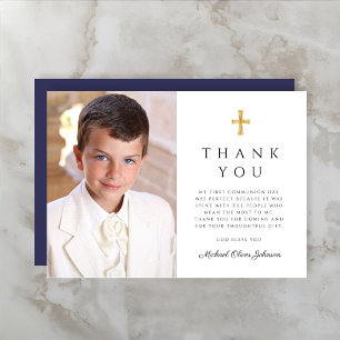 Modern Navy Blue Cross Boy First Communion Photo Thank You Card