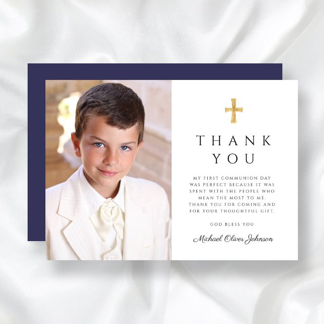 Modern Navy Blue Cross Boy First Communion Photo Thank You Card (Modern Navy Blue Cross Boy First Communion Photo Thank You Card)