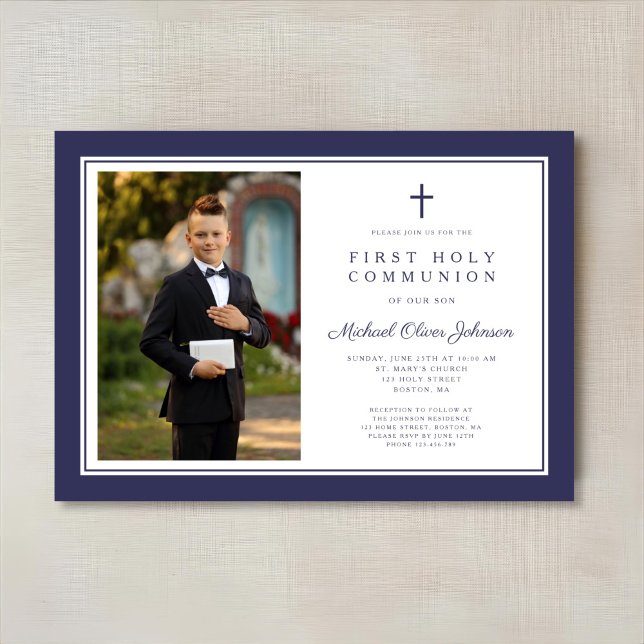 Modern Navy Blue Cross Boy Photo First Communion Invitation (Modern Navy Blue Cross Boy Photo First Communion Invitation)