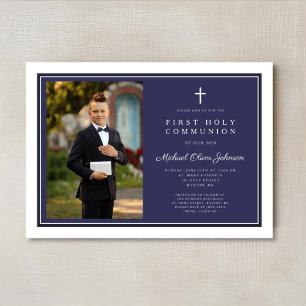 Modern Navy Blue Cross Boy Photo First Communion Invitation