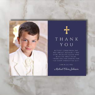 Modern Navy Blue Cross Boy Photo First Communion Thank You Card
