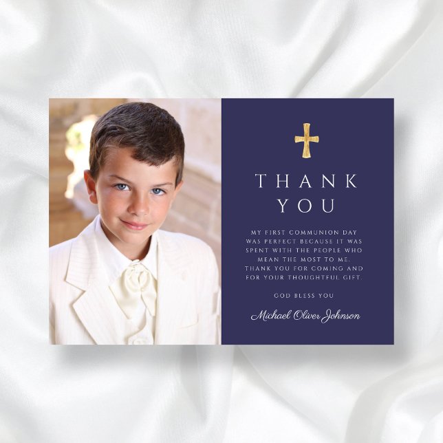 Modern Navy Blue Cross Boy  Photo First Communion Thank You Card (Modern Navy Blue Cross Boy Photo First Communion Thank You Card)