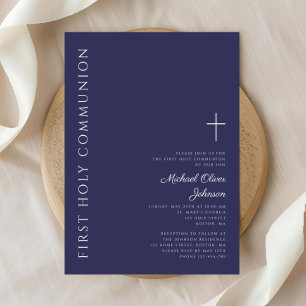 Modern Navy Blue Cross First Communion Invitation