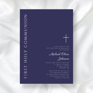 Modern Navy Blue Cross First Communion Invitation