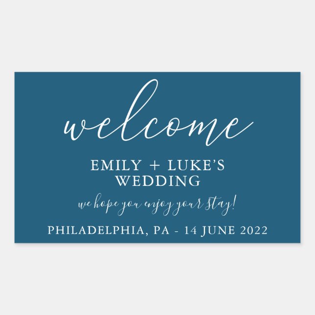 Modern Navy Blue Custom Wedding Welcome Rectangular Sticker (Front)