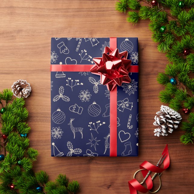 Modern Navy Blue Cute Christmas Pattern Wrapping Paper (Holiday Gift)