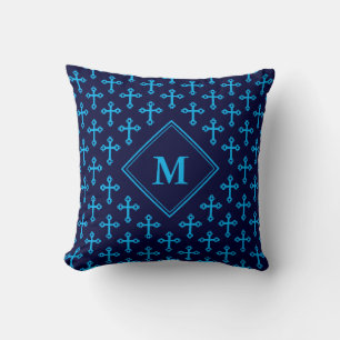 Modern Navy Blue Cyan CROSS Monogram Cushion