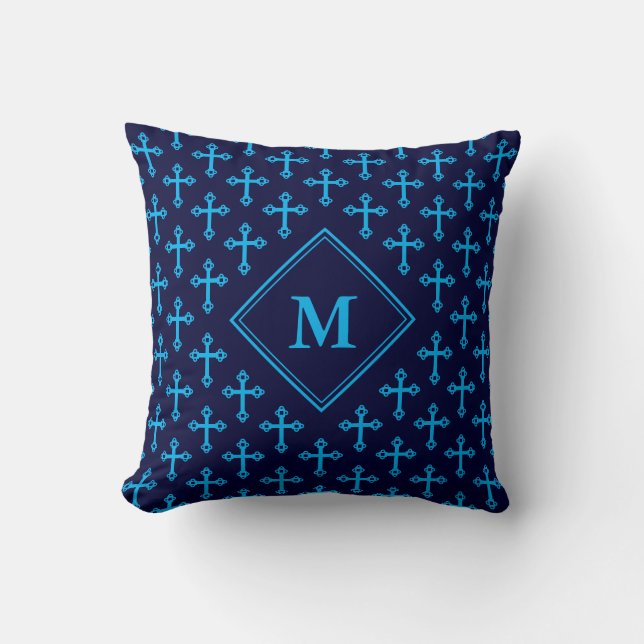 Modern Navy Blue Cyan CROSS Monogram Cushion (Front)