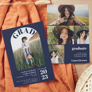 Modern navy blue elegant 5 photos graduation invitation