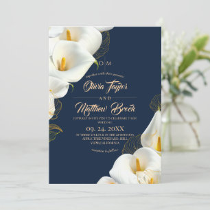 Modern Navy Blue Elegant Floral Wedding Photo Invitation