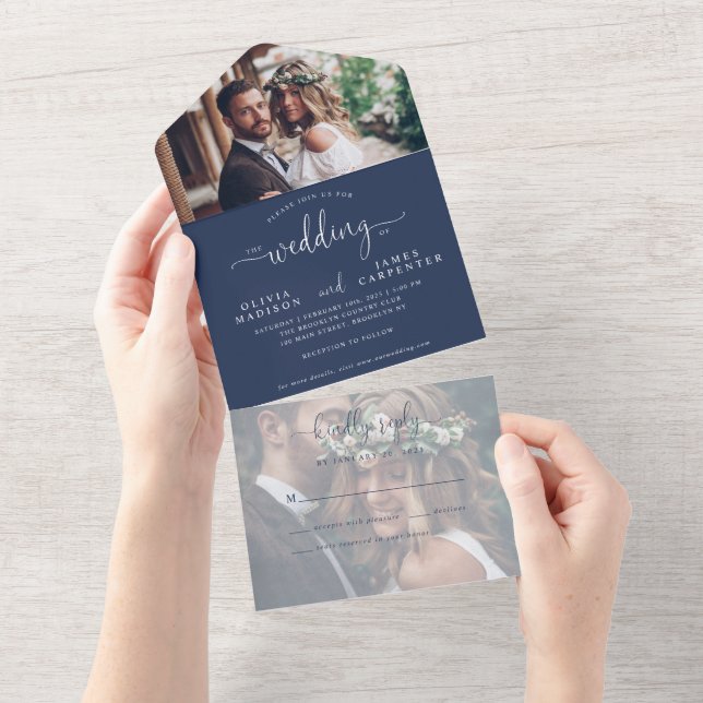 Modern Navy Blue Elegant Script 2 Photo Wedding All In One Invitation (Tearaway)