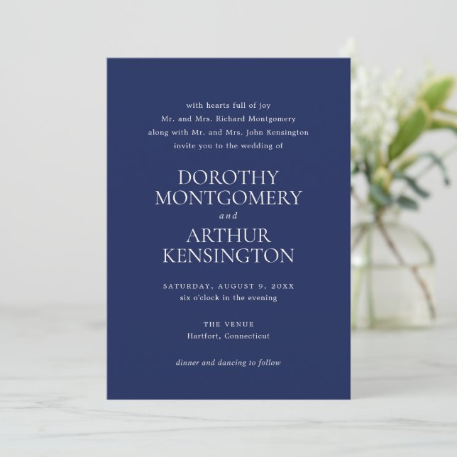 Modern Navy Blue Elegant Wedding Invitation (Standing Front)
