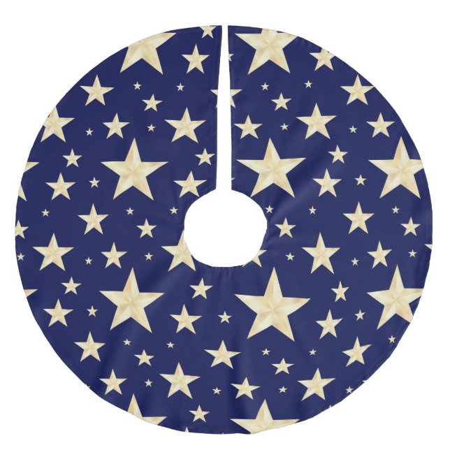Modern Navy Blue & Faux Gold Foil Starry Night Brushed Polyester Tree Skirt (Front)