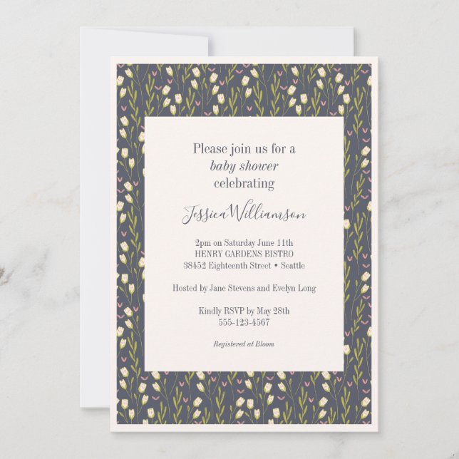 Modern Navy Blue Floral Boho Chic Baby Shower  Invitation (Front)