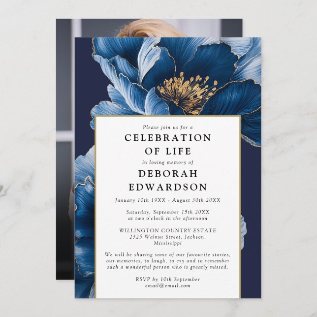 Modern Navy Blue Floral Celebration Of Life Photo Invitation (Front/Back)