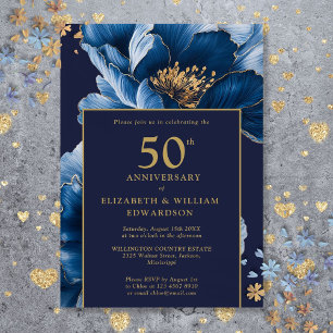 Modern Navy Blue Floral Elegant 50th Anniversary Invitation