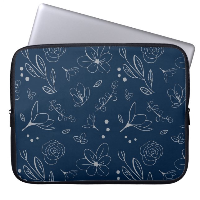Modern Navy Blue Floral Illustration  Laptop Sleeve (Front)