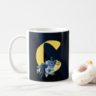 Modern Navy-Blue Floral Monogram Happy Birthday Coffee Mug