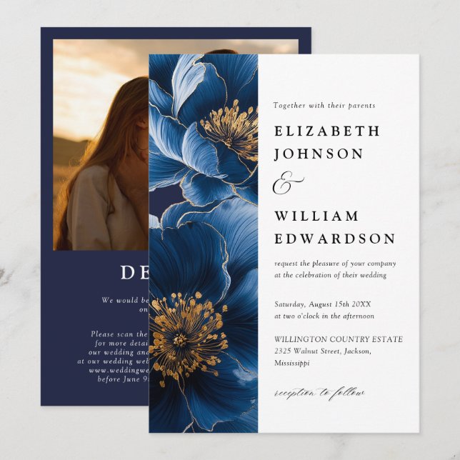 Modern Navy Blue Floral Photo QR Code Wedding Invitation (Front/Back)