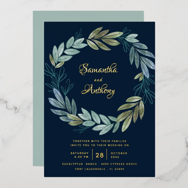 Modern Navy Blue Floral Wedding  (Front/Back)