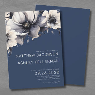 Modern Navy Blue Floral Wedding Invitation