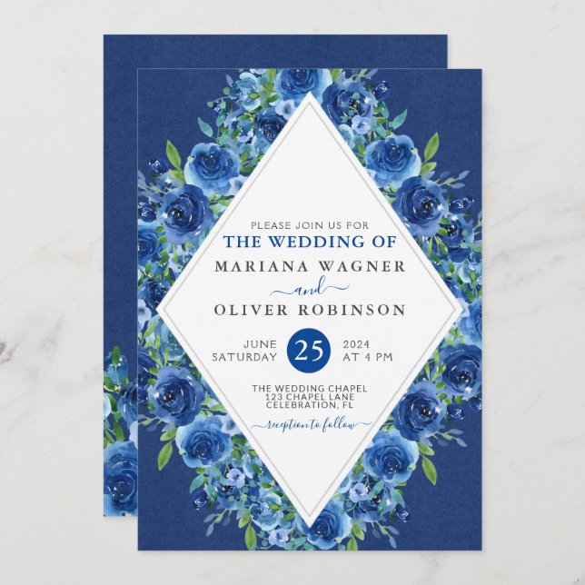 Modern Navy Blue Floral Wedding Invitation (Front/Back)