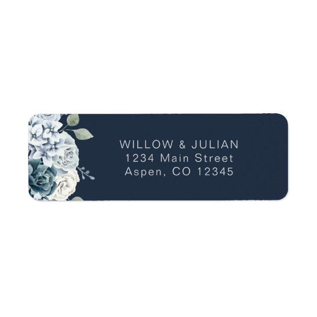 Modern Navy Blue Floral Wedding Return Address Label (Front)