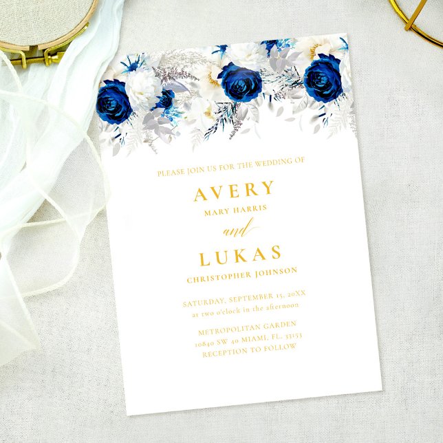 Modern Navy Blue Floral & Yellow Wedding Invitation (Creator Uploaded)