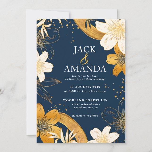 Modern Navy Blue Flower Chic Wedding Invitation (Front)