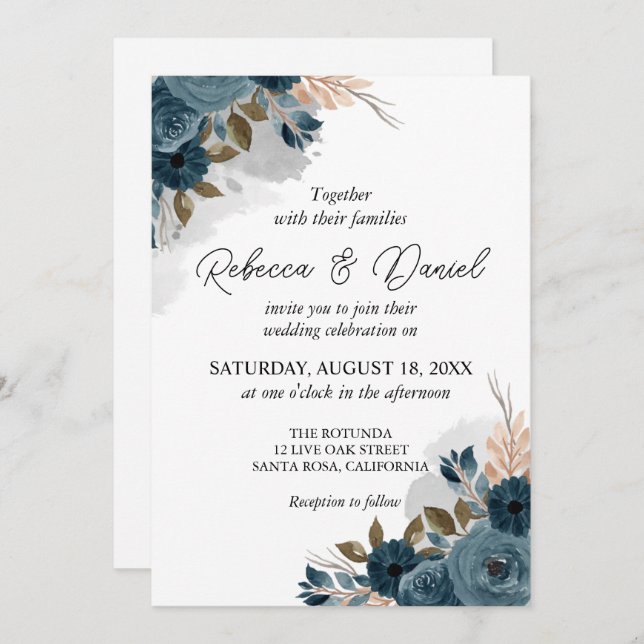 Modern navy blue flowers wedding invitation (Front/Back)