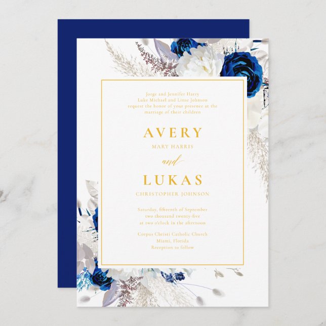 Modern Navy Blue Flowers & Yellow Wedding Invitation (Front/Back)