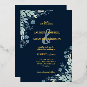 Modern Navy Blue Foliage Gold Calligraphy