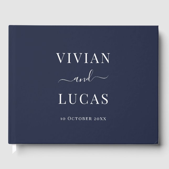 Modern Navy Blue Formal Minimal Wedding Guest Book (Front)