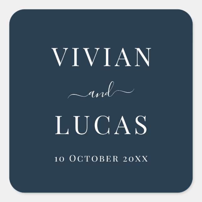 Modern Navy Blue Formal Minimal Wedding Square Sticker (Front)