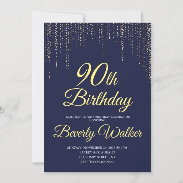 Modern Navy Blue Gold 90th Birthday Party Invitation (Front)