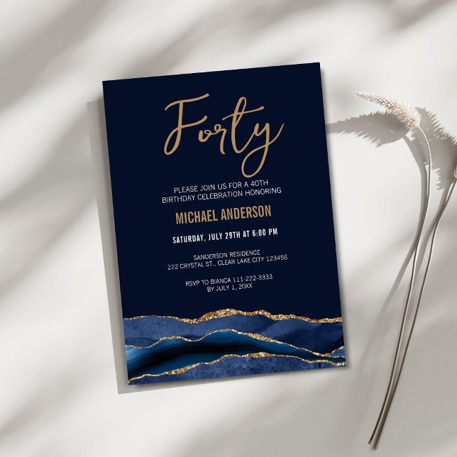 Modern Navy Blue Gold Agate 40th Birthday Party  Invitation (Creator Uploaded)