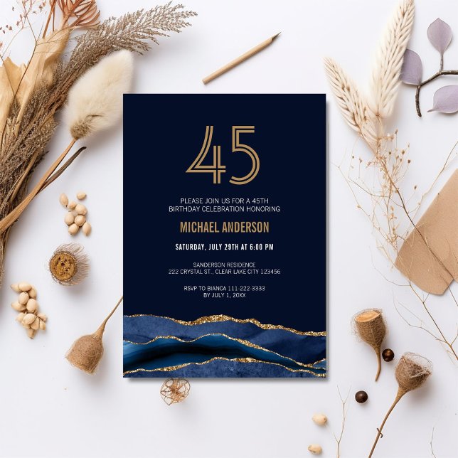 Modern Navy Blue Gold Agate 45th Birthday Party  Invitation (Creator Uploaded)