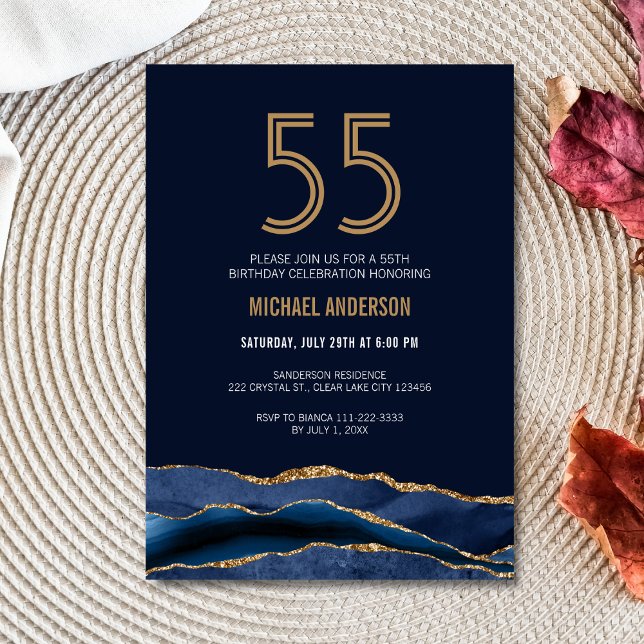 Modern Navy Blue Gold Agate 55th Birthday Party  Invitation (Creator Uploaded)
