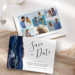 Modern Navy Blue Gold Agate 5-Photo Save the Date Invitation