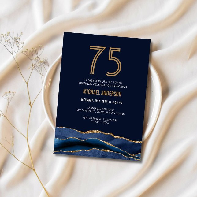 Modern Navy Blue Gold Agate 75th Birthday Party  Invitation (Creator Uploaded)