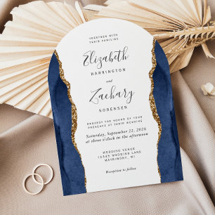 Modern Navy Blue Gold Agate Arch Wedding Invitation