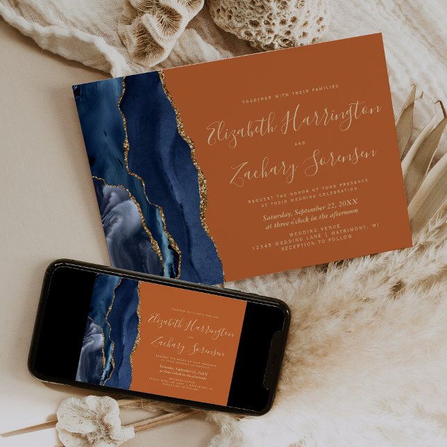 Modern Navy Blue Gold Agate Burnt Orange Wedding Invitation (Creator Uploaded)