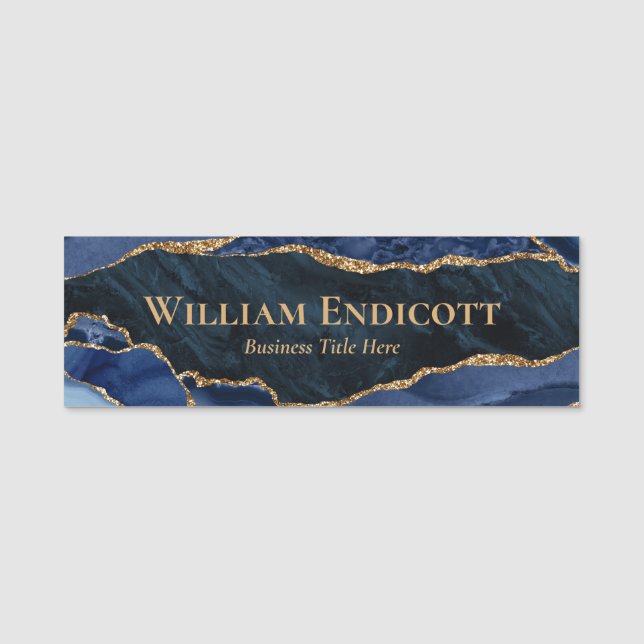 Modern Navy Blue Gold Agate Business Name Tag (Front)