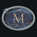 Modern Navy Blue Gold Agate Geode Girly Monogram Belt Buckle<br><div class="desc">Modern Glam Navy Blue Gold Glitter Sparkle Agate Geode Gemstone Elegant Feminine Monogram Script Name Belt Buckle</div>