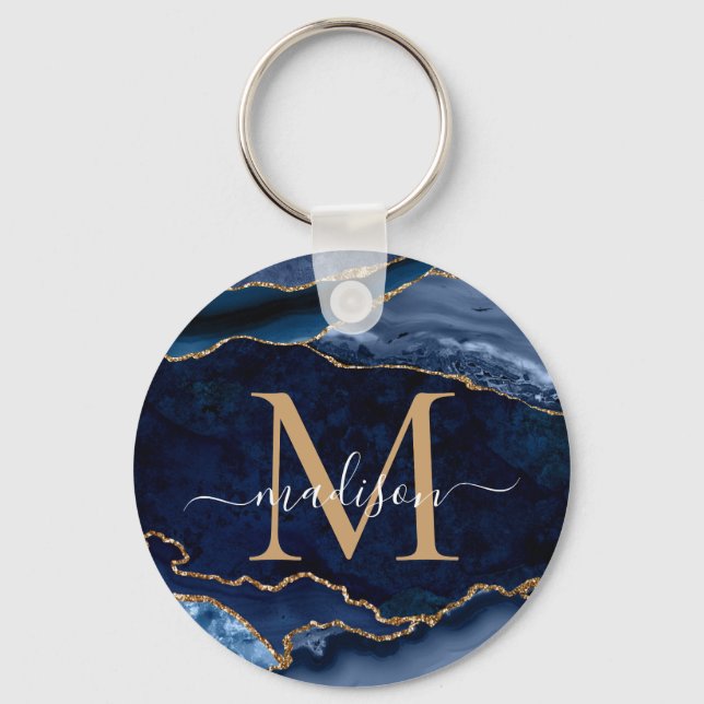Modern Navy Blue Gold Agate Geode Girly Monogram Key Ring (Front)