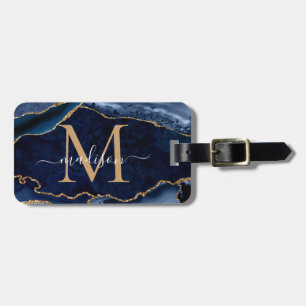 Modern Navy Blue Gold Agate Geode Girly Monogram Luggage Tag